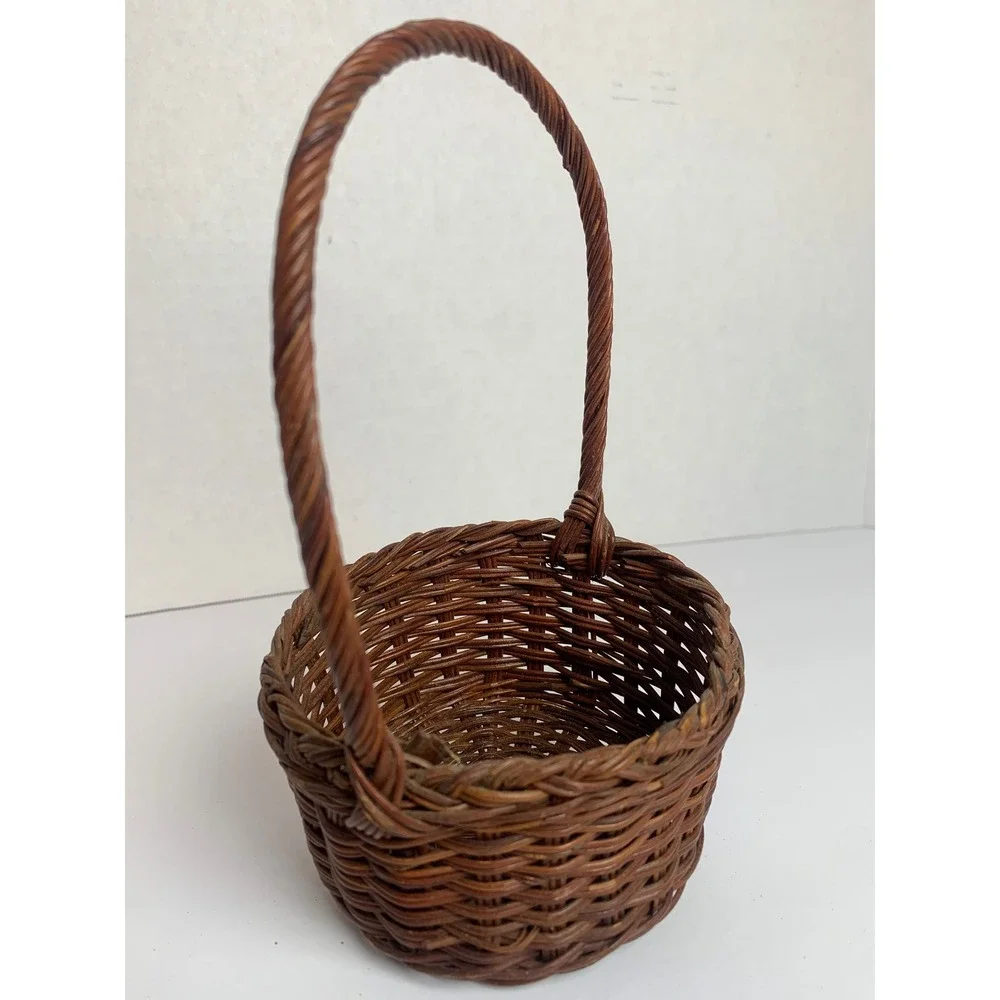Vintage Dark Brown Round Wicker Basket with High Arched Handle Cottagecore Decor
